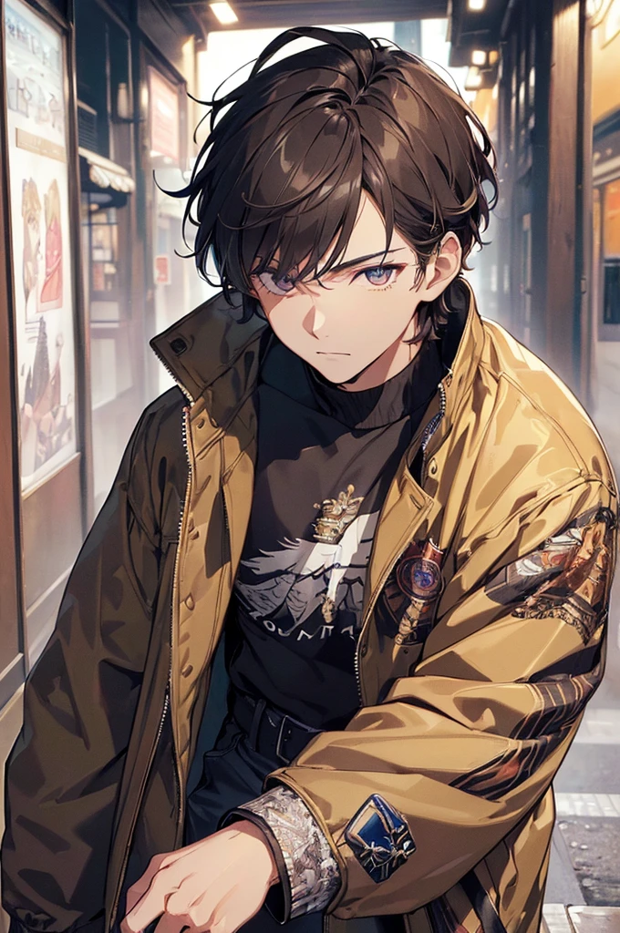 ((High quality, masterpiece, very high resolution, skin with fine details, eyes with fine details), a picture of a man with a jacket, showing off in japan, 1boy, male focus, solo, jacket