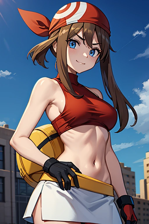 adult_may_from_pokemon, (red_high_neck_halter_top | bare shoulders | neckholder | underboob), (red_bandana), (short_white_skirt), small_midriff, (long wavy hair | very long hair | brown hair), (one_yellow_fanny_pack_on_left_side), gloves, blue eyes, small_boobs, motivated, evil, villain, challenging_smile, nature, modern_town_in_background, skinny, female, high resolution, 8k, cowboy shot