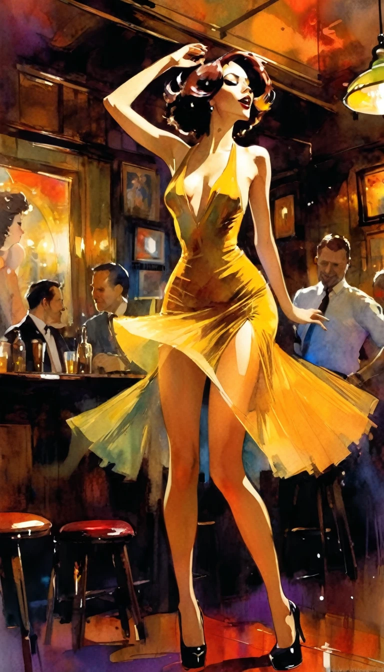 very sexy girl, in an elegant and sexy dress, dancing, alone, having fun, in a pub, art inspired by Bill Sienkiewicz
