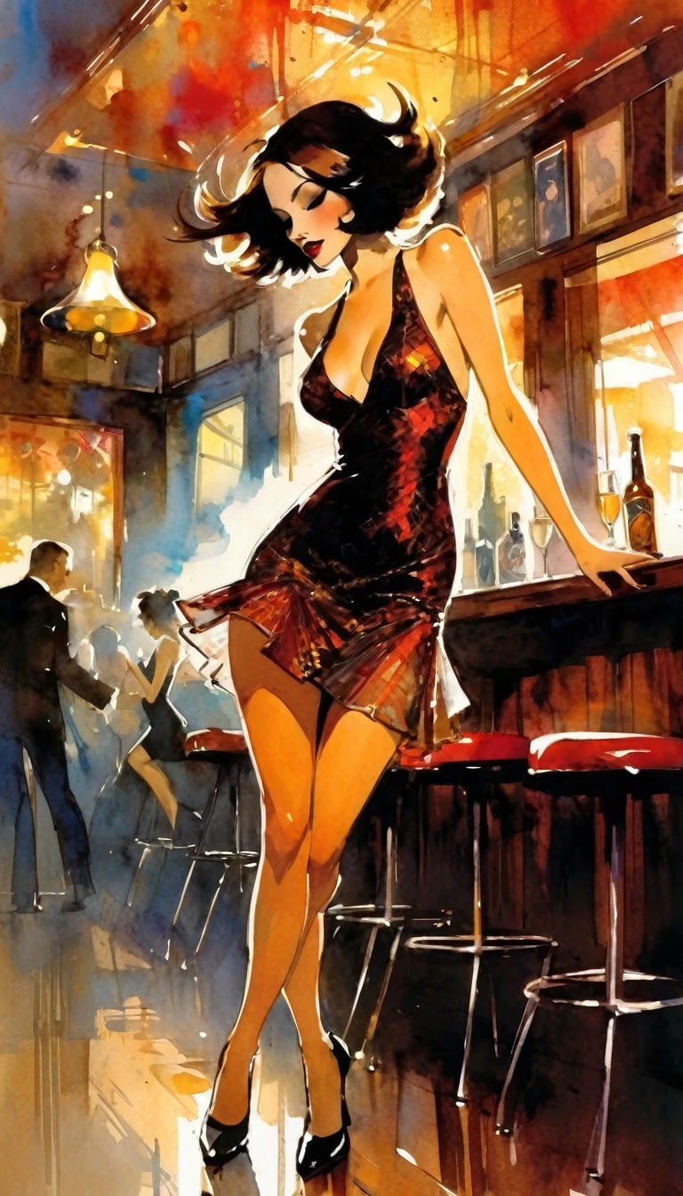 very sexy girl, in an elegant and sexy dress, dancing, alone, having fun, in a pub, art inspired by Bill Sienkiewicz
