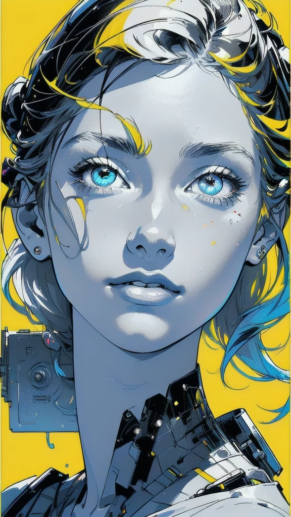 (((masterpiece, highest quality))),(((solo:1.2))),(((1girl:1.2))),32k wallpaper, very detailed, poster, vintage science fiction,(((((geometric cinematic movie poster))))), ((bauhaus)),(shape),(((abstract))),(mid century modern),movie poster,(((((portfolio))))),(((((Close-up))))),(((((bust up))))),((((more various angle)))),((((highlight)))),((((heterochromia)))),(((complete. detailed face))),((((Extremely talented)))),(((((most complecated futristic machine))))),(Colorful color scheme),(((detailed unlimited mechanic complete Equipment))),(((Absolutely Bright yellow background))),((Matte texture background)),(((The figures are complete monochrome)))