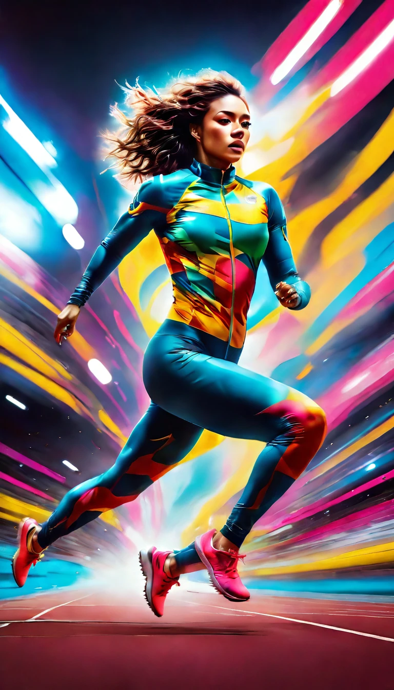 a  sports shot of a para Olympic game participant runner, (one of her legs) is mechanical prosthetic leg, a woman sports athlete, ((full body shot: 1.5)), ((anatomically correct: 1.5)) (ultra detailed face: 1.2), dynamic hair style, dynamic hair color, dynamic skin complexion, wearing track suit, sports shoes, running in the Olympics, she has (one mechanical leg), vibrant, Ultra-high resolution, High Contrast, (masterpiece:1.5), highest quality, Best aesthetics), best details, best quality, highres, 16k, [ultra detailed], masterpiece, best quality, (extremely detailed) RAW, photograph Cinematic Hollywood Film