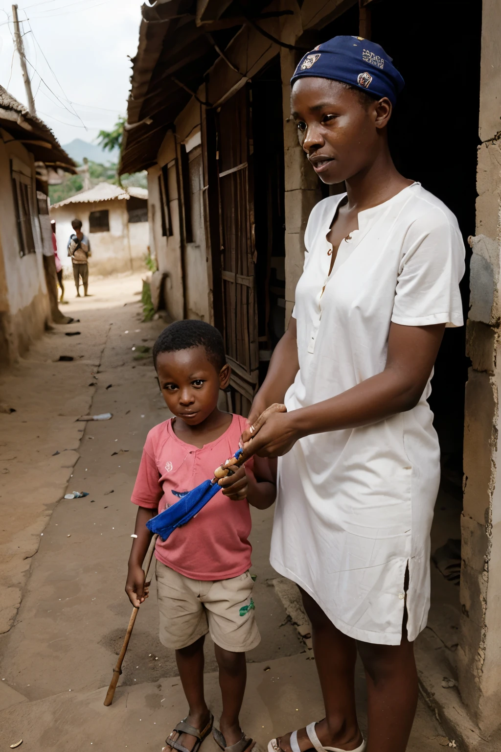 A young boy of 10 years Tunde was blind with a stick his mother holding him with her hand in a odumodo village market