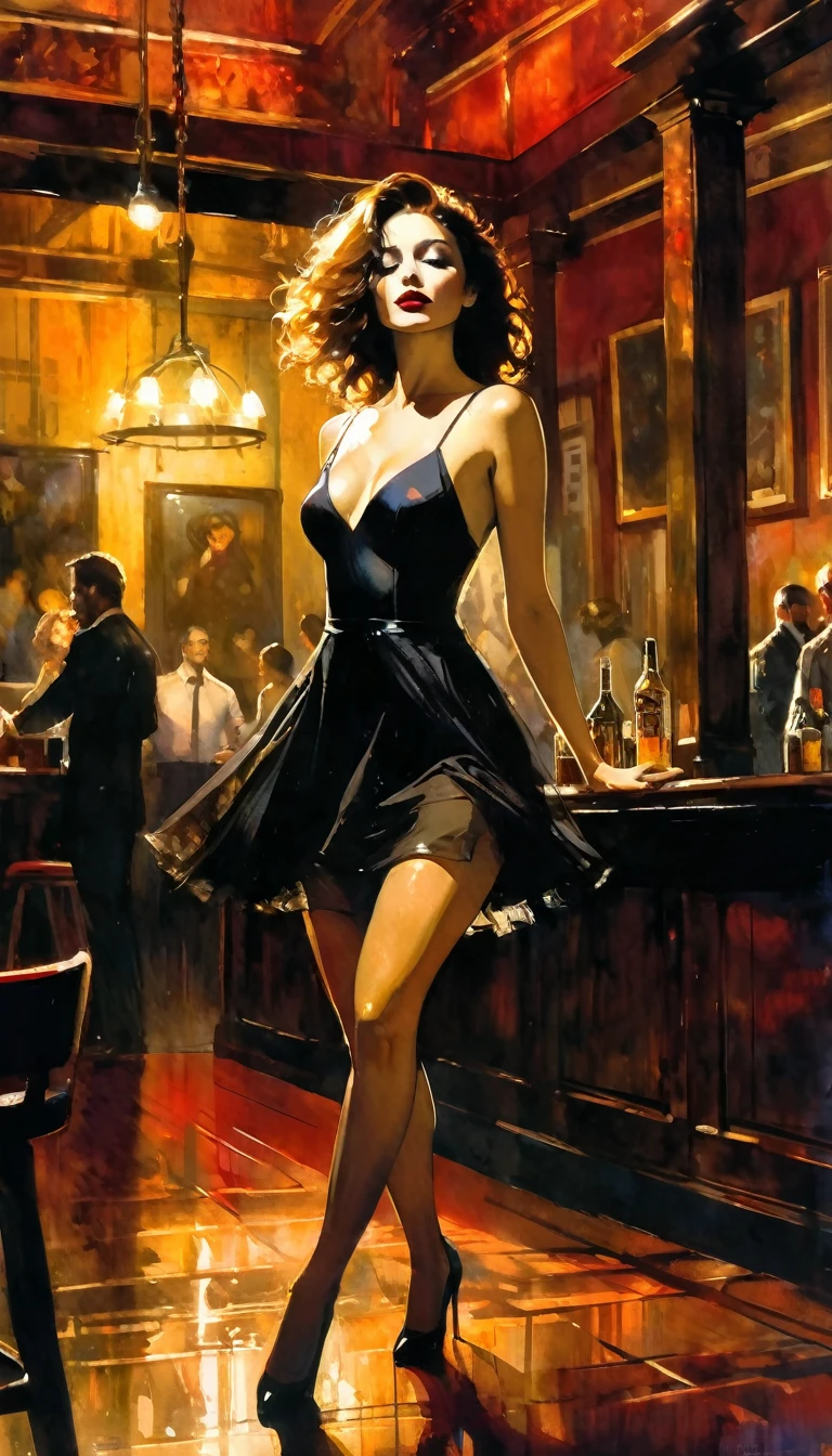 very sexy girl, in an elegant and sexy dress, dancing, alone, having fun, in a pub, between shadows, oil painting, chiaroscuro, sensual, dramatic lighting, moody atmosphere, photorealistic, intricate details, masterpiece, ultra-detailed, high quality, 8k, best quality, realistic, cinematic, dark and brooding, expressionistic, powerful composition, emotional impact, Bill Sienkiewicz inspired art

