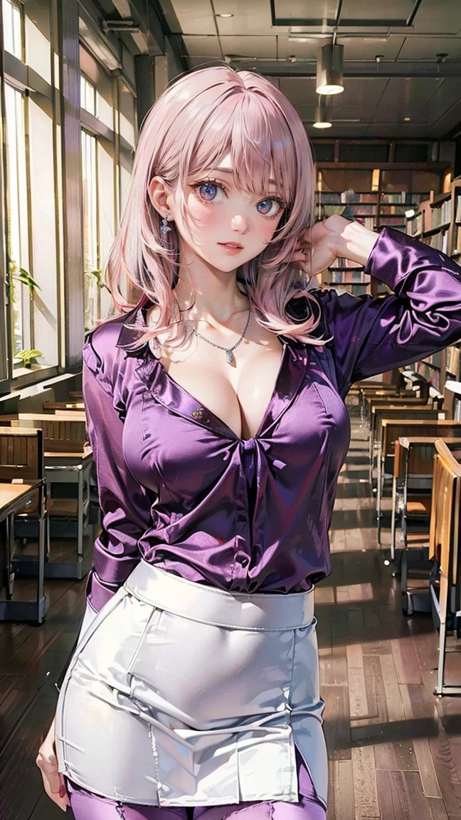 ((Highest quality, 8k, masterpiece :1.3)), (Sharp focus :1.2, Beautiful woman with perfect figure :1.4, Slim Abs), ((Big Breasts, Emphasize cleavage:1.2)), (Photorealistic:1.4), (realistic:1.4), (Pink Hair:1.5), Highly detailed face and skin texture, Fine grain, double eyelid. Makeup face, A little bit of lipstick, sex appeal, Sexy gravure pose, ((Purple satin blouse and white tight skirt、A high school girl wearing a silver necklace and posing sexy in a library。:1.3))