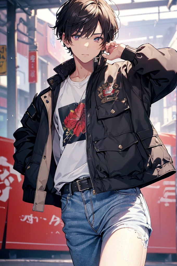 ((High quality, masterpiece, very high resolution, skin with fine details, eyes with fine details), a picture of a man with a jacket, showing off in japan, 1boy, male focus, solo, jacket