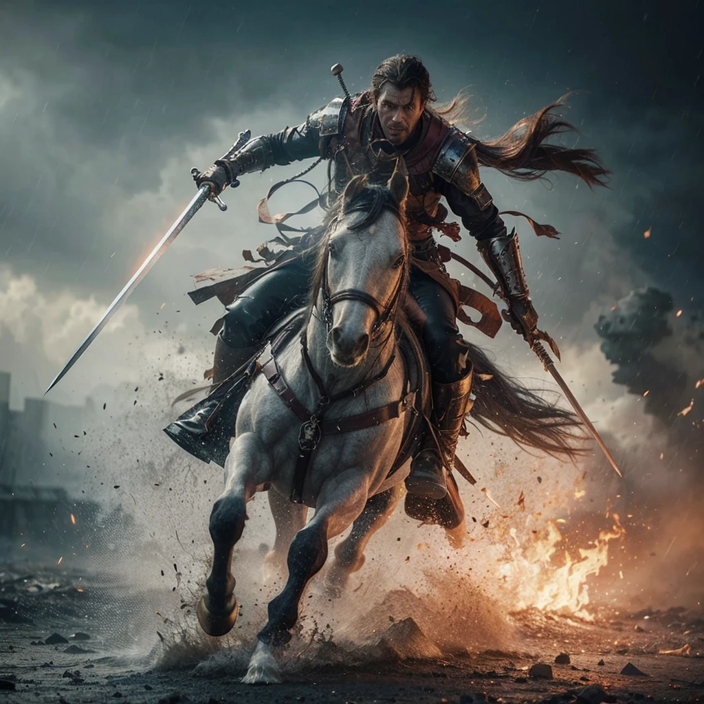 Full body view of an romantic man 38yo royal warrior, carryng a sword and spear, riding a A (horse) that is a "blend" between a corner of a hell devil and fire, sparks, smoke, debris. Scary face. It's a rush, running in search of enimies, fight theme, in an abandoned royal kingdom setting, evening a drizzle atomosphere, ultra HD, high real skin and hyper detail, very cinematic,