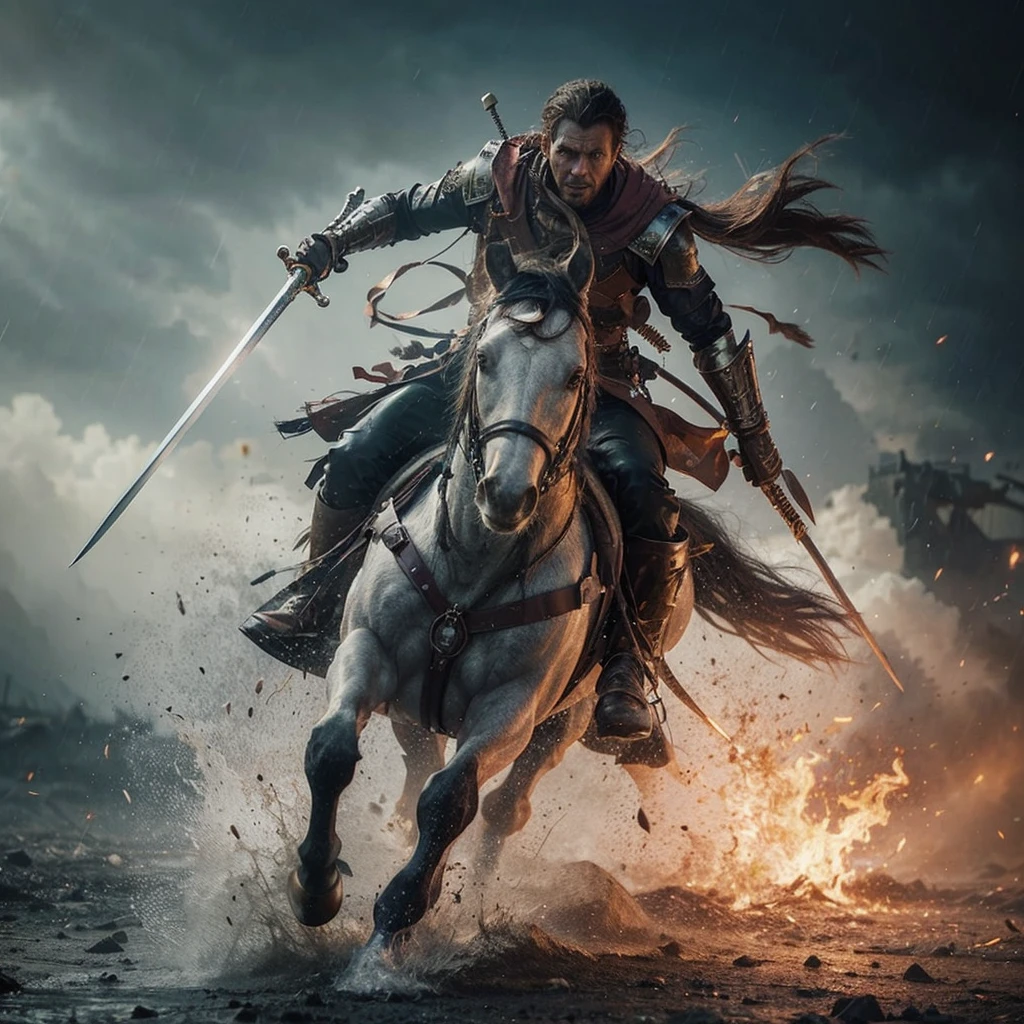 Full body view of an romantic man 38yo royal warrior, carryng a sword and spear, riding a A (horse) that is a "blend" between a corner of a hell devil and fire, sparks, smoke, debris. Scary face. It's a rush, running in search of enimies, fight theme, in an abandoned royal kingdom setting, evening a drizzle atomosphere, ultra HD, high real skin and hyper detail, very cinematic,