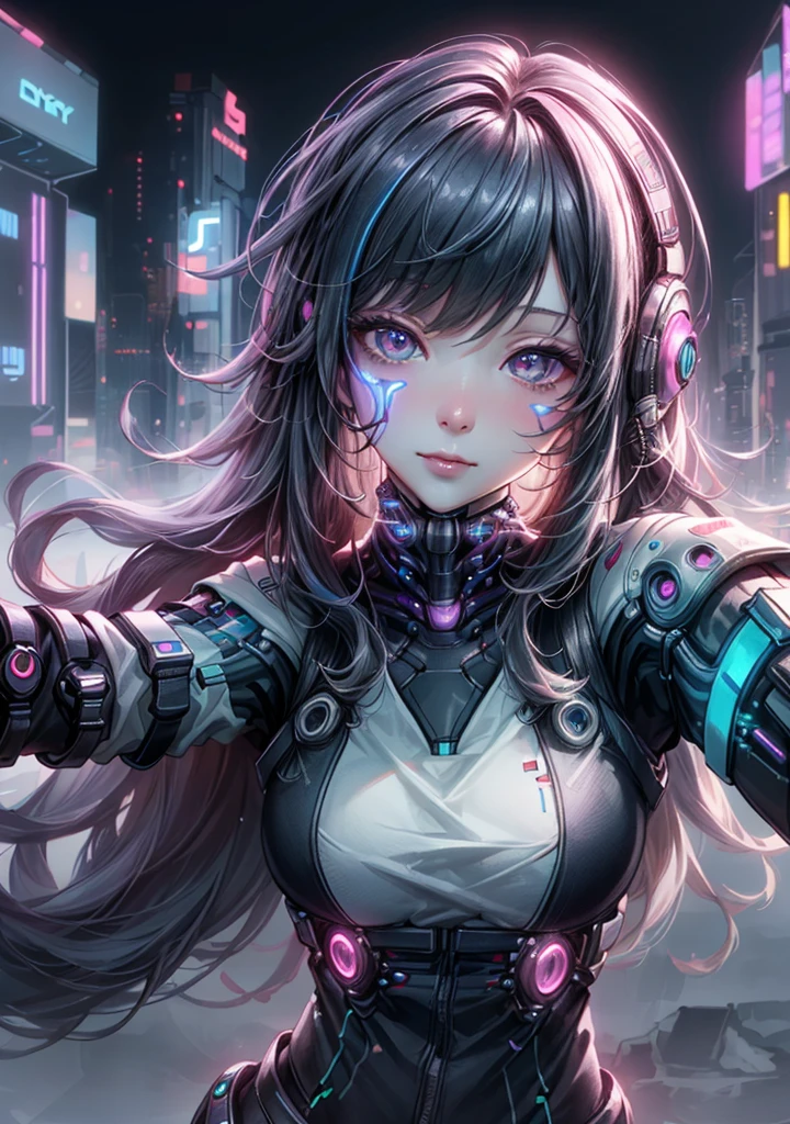 Analog Style, Too many model shoots, (Selfie:1.8), One girl, (cyber punk:1.8, cyber punk city background:1.8), ((Cute Face: 1.8, Perfect Face:1.3)), (Long and colorful hair:1.4, Pale skin:1.5), (From above:1.4, From behind), Highest quality, (color, Hyper Detail:1.5), Octane Rendering, Ultra-realistic texture, Tabletop, Very detailedな CG Unity 8K 壁紙, Very detailed, Ultra-realistic Light