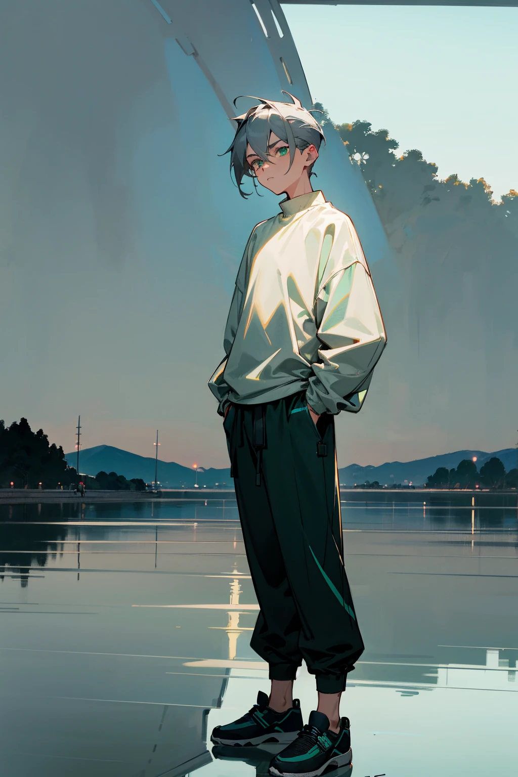 1male, ash gray hair, styled in a tousled undercut, striking green eyes, contemplative expression, oversized teal sweatshirt with a subtle futuristic design, baggy black joggers, slip-on black sneakers, a sleek black watch, serene lakeside background with reflections of the evening sky, detailed face, hands to side, standing on path