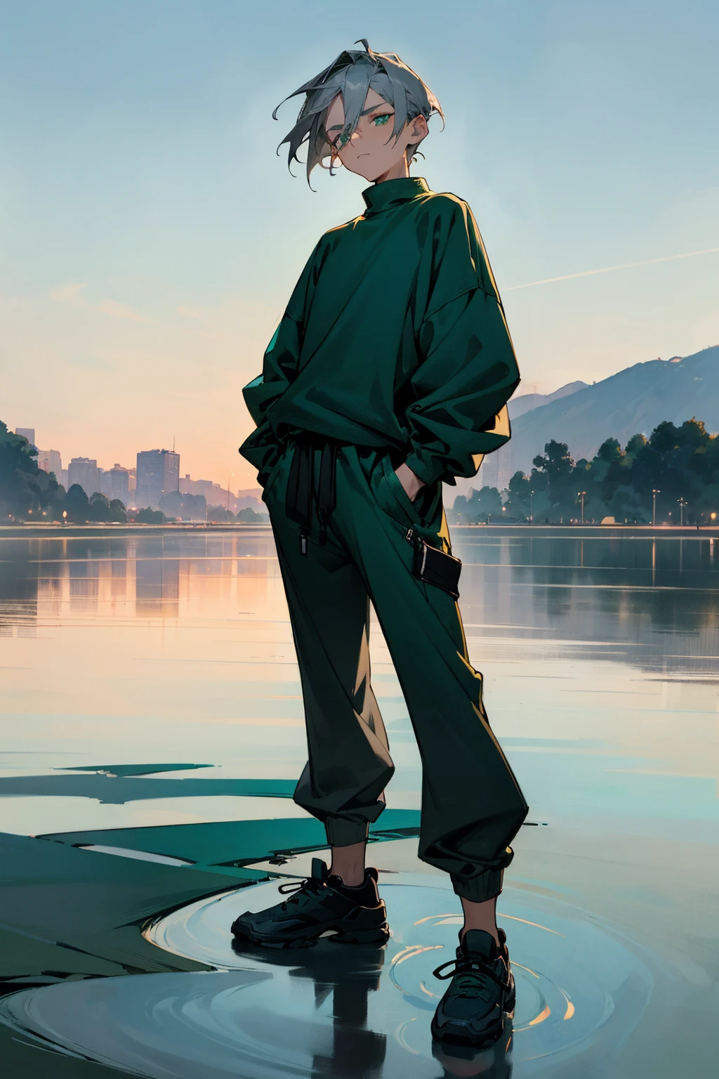 1male, ash gray hair, styled in a tousled undercut, striking green eyes, contemplative expression, oversized teal sweatshirt with a subtle futuristic design, baggy black joggers, slip-on black sneakers, a sleek black watch, serene lakeside background with reflections of the evening sky, detailed face, hands to side, standing on path