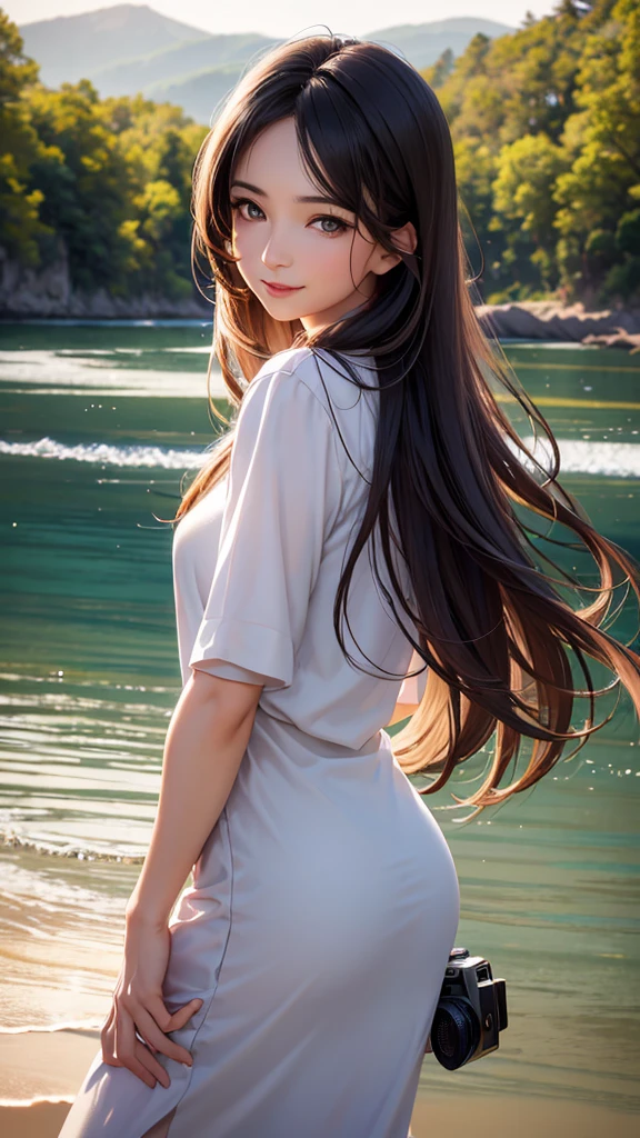 Beauty in her 30s, turn around and smile, high resolution, natural light, realistic expression, calm expression, refined style, beautiful scenery in the background, attractive eyes, semi-long hair, chic clothes, realistic details, camera eyes, vivid contrast, portrait, soft light production, transparent skin, elegant atmosphere