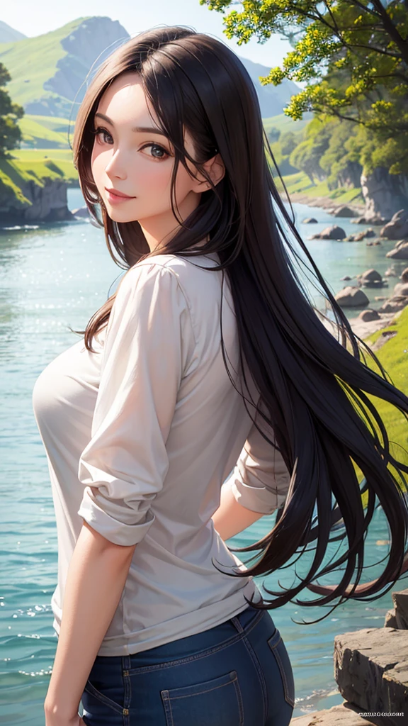 Beauty in her 30s, turn around and smile, high resolution, natural light, realistic expression, calm expression, refined style, beautiful scenery in the background, attractive eyes, semi-long hair, chic clothes, realistic details, camera eyes, vivid contrast, portrait, soft light production, transparent skin, elegant atmosphere