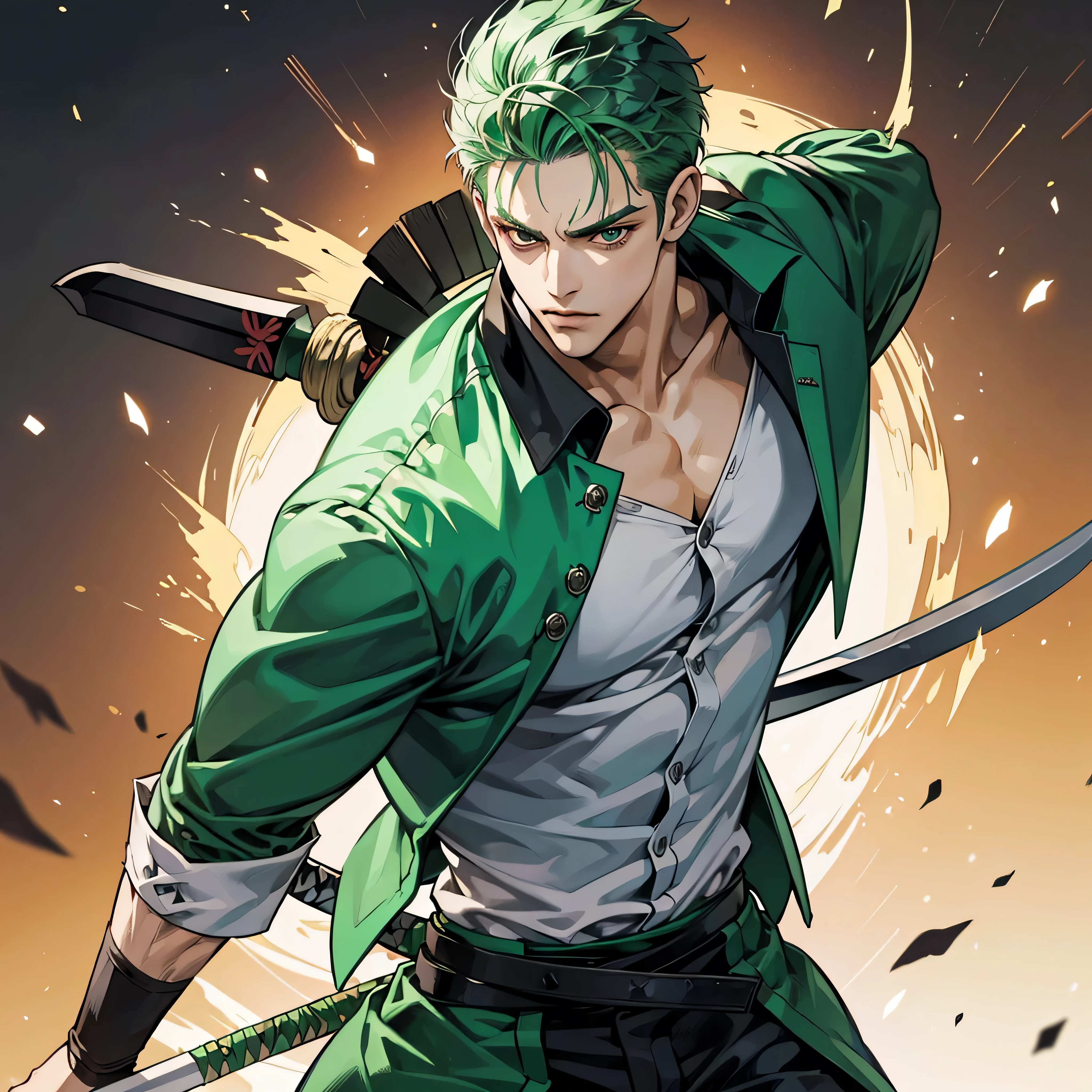 1 handsome roronoa zoro, manly , 3 swords, handsome, demon slayer, dark tone, green hair, ultra HD, high quality, 32k