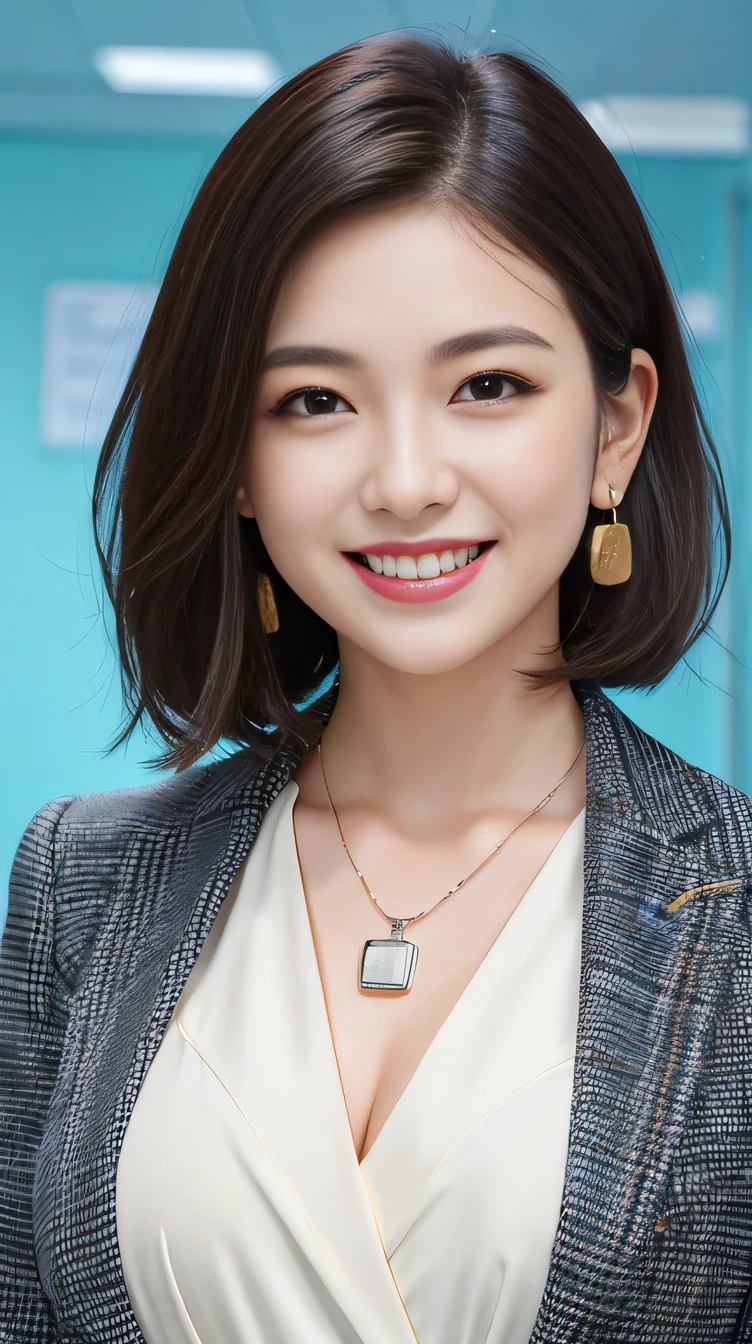 RAW Photos, High resolution, Very detailed, Intricate details, 、ear piercing、smile、Beautiful teeth alignment、Short Haircut、Black Hair、Clear beauty,(High quality fabric, Office Lady Suits 、Necklace around the neck、, The background is the office
