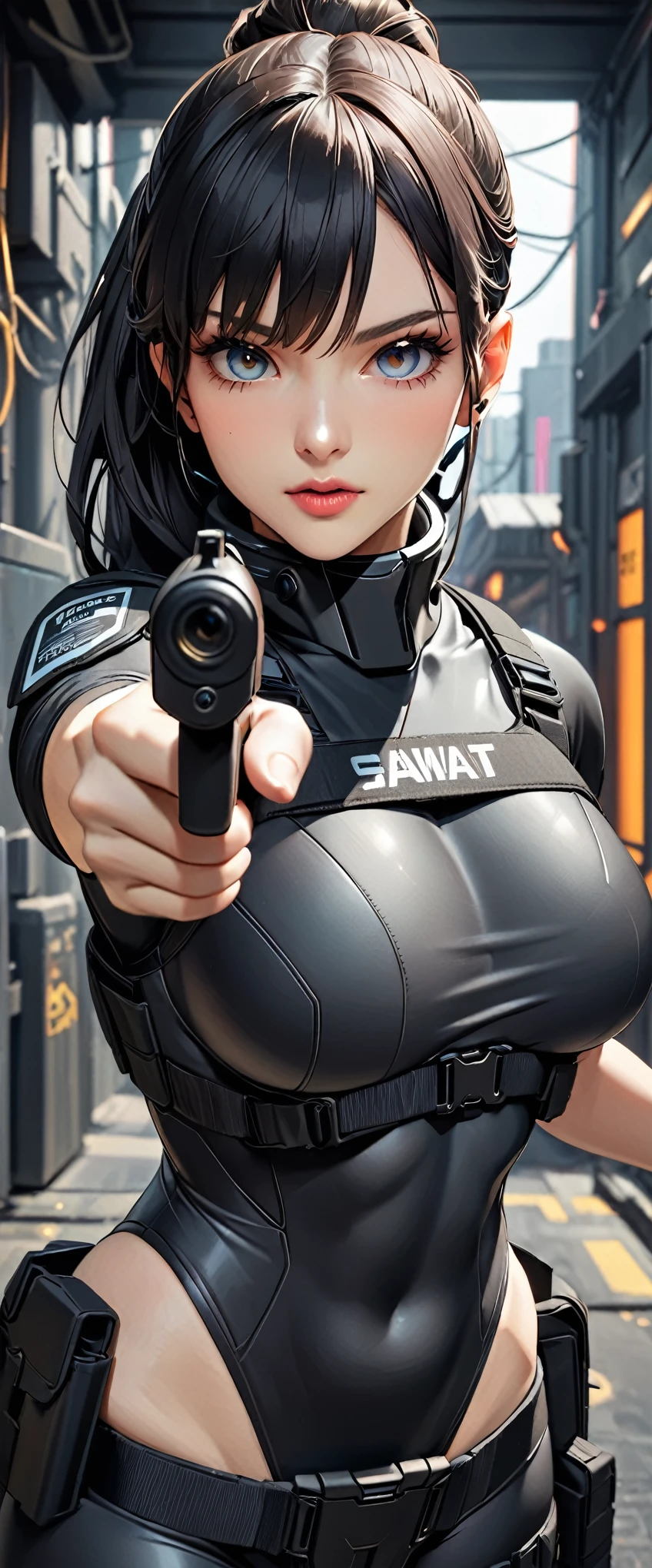 (masterpiece:1.2,Highest quality,Highest quality,Very detailed:1.2),8k,wallpaper,(One Woman),(Future female SWAT team member),(((pointing pistol:1.6))),(Extremely form fitting black tactical bodysuit),(Tactical Headset),(Tactical Holster),(Tactical Gloves),BREAK(Serious),(ponytail),(Black Hair),(Beautiful Face),(Beautiful Eyes),(Beautiful Eyes),(Very detailedな顔),(Very detailedな女性の手),(Muscular),(sexy),(Big Breasts),(Thick thighs),(Beautiful body),(The background is the neon streets of a future city:1.6),(cyber punk:1.6),(((Hand,detailed,perfect,perfection,hands))),(Beautiful female hands),(Accurate hand drawing)
