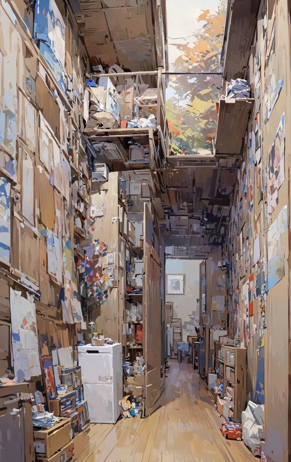 bichu、oil painting、In a Japanese apartment, Small room in tokyo, flat image, flat!!, Small room, Apartment hallway, standing in corner of room, Claustrophobic room, Location of the apartment, Narrow corridor, doors to various living quarters, interior of a Small room, doors to various bedrooms