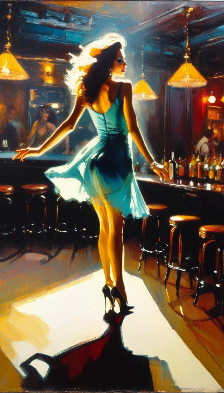 very sexy girl, in an elegant and sexy dress, dancing, alone, having fun, in a pub, between shadows, oil painting, powerful composition, emotional impact, Bill Sienkiewicz inspired art
