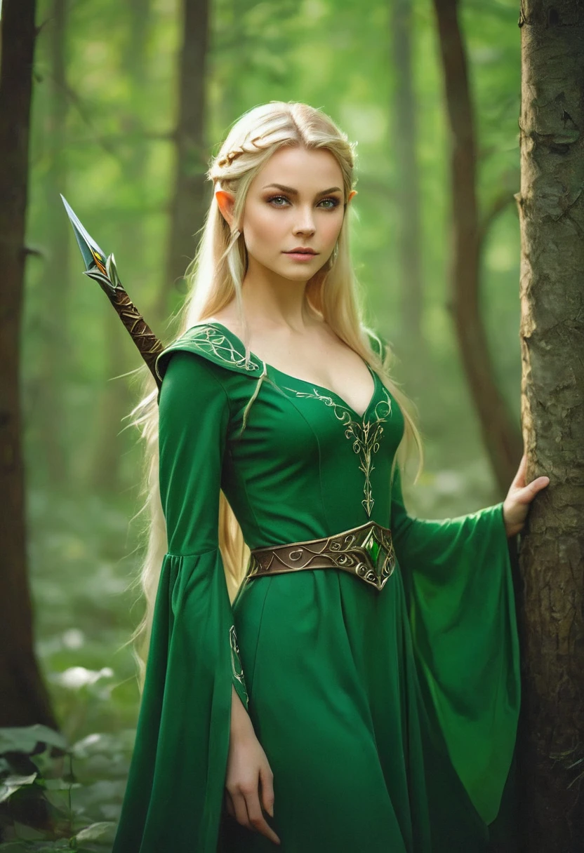 woman in green dress with sword in the forest, elven princess воинов, like a medieval fantasy character, alluring elven princess knight, blonde emerald warrior, elven princess, very beautiful elven top model, beautiful elven princess, Blonde Elven Empress, fantasy photo shoot, Fantasy character photo, elven princess, AnnaSophia Robb - Link of a woman with long blonde hair in a green dress, female elf, elven character with smirk, beautiful and elegant female elf, elf, a elf portrait, elf portrait, portrait female elf wizard, female elfling, portrait of a женщин(Best quality:1.2, realistic:1.37)a-elf warlock, portrait of a very beautiful elf, elven princess