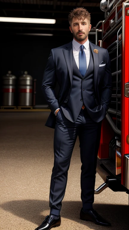 masterpiece, best quality, high resolution, closeup portrait, male focus, full body focus, A man, 40 years old, with business suit, formal shoes and socks, brown hair, messy hairstyle, cute and seductive face, big chest, facial hair, roman nose, very skinny body, hairy legs, dimples, beard, bold jawline , in the background a fire station, his perfect big is coming out, masterpiece, below, amazing composition, front view, HDR, ultra quality, elegant, highly detailed, in sunlight