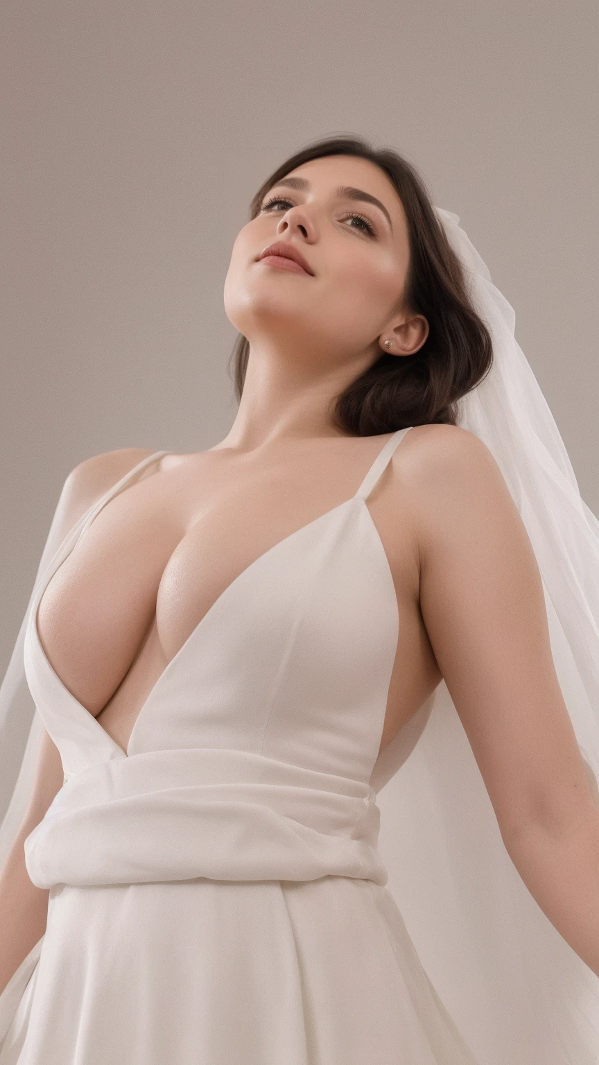 1girll , brunette, natural soothing expression, white colour scheme, long gown, white gauze, brunette, natural soothing expression, floating in the air, long dress, face of a mature woman, simple white background, sacred, solo, wallpaper, epic feeling, looking up at the camera, looking up from below, ultra wide angle, feeling of nature, looking up, busty photo

