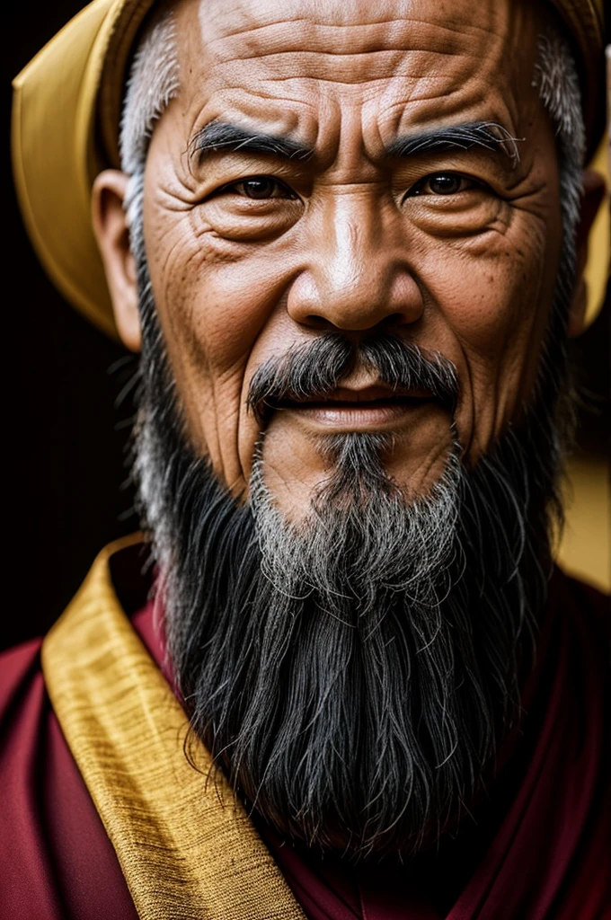 a portrait of old Chinese monk, beard on chin, hyper realistic