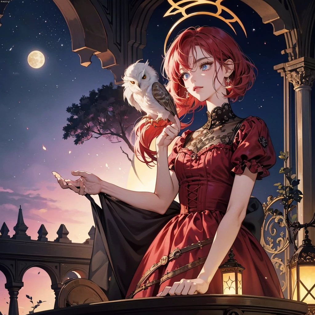 castle, moon , close up  micro     tiny pixie  red-haired beautiful vivid vampire   sitting on balcony perfect face vintage , owl bird,   polka dot dress,  vines big head detailed skin texture, otherworldly halo, glowing eyes  by Ceccoli, Burton   Rockwell  cinematic, 32k, , , highly detailed, intricated, intricated pose,  high quality, centered, perfect composition. focus on eyes,
