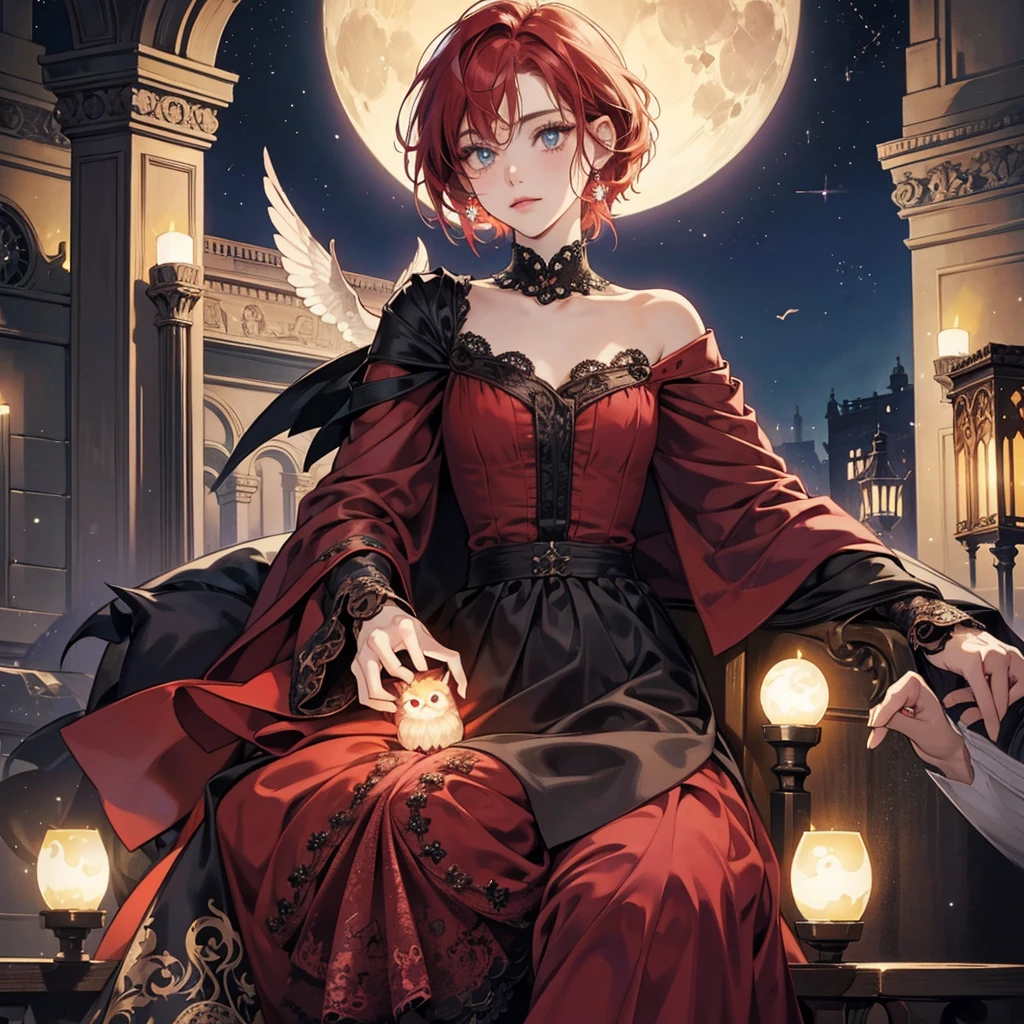 castle, moon , close up micro tiny pixie red-haired beautiful vivid vampire sitting on balcony perfect face vintage , owl bird, polka dot dress, vines big head detailed skin texture, otherworldly halo, glowing eyes by Ceccoli, Burton Rockwell cinematic, 32k, , , highly detailed, intricated, intricated pose, high quality, centered, perfect composition. focus on eyes,