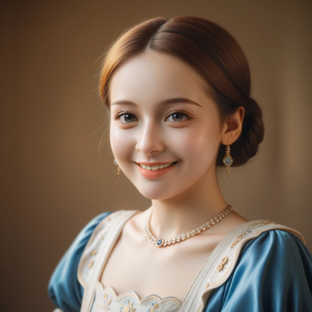 score_9, score_8_up, score_7_up, score_6_up, score_5_up, score_4_up, Medieval European royalty and aristocracy, the fashion trend for women with low necklines, Rococo dresses, a young and extremely beautiful aristocratic woman smiling, half-body portrait, ral-oilspill, luxurious ornate background, warm lighting, photorealistic, highly detailed, digital art