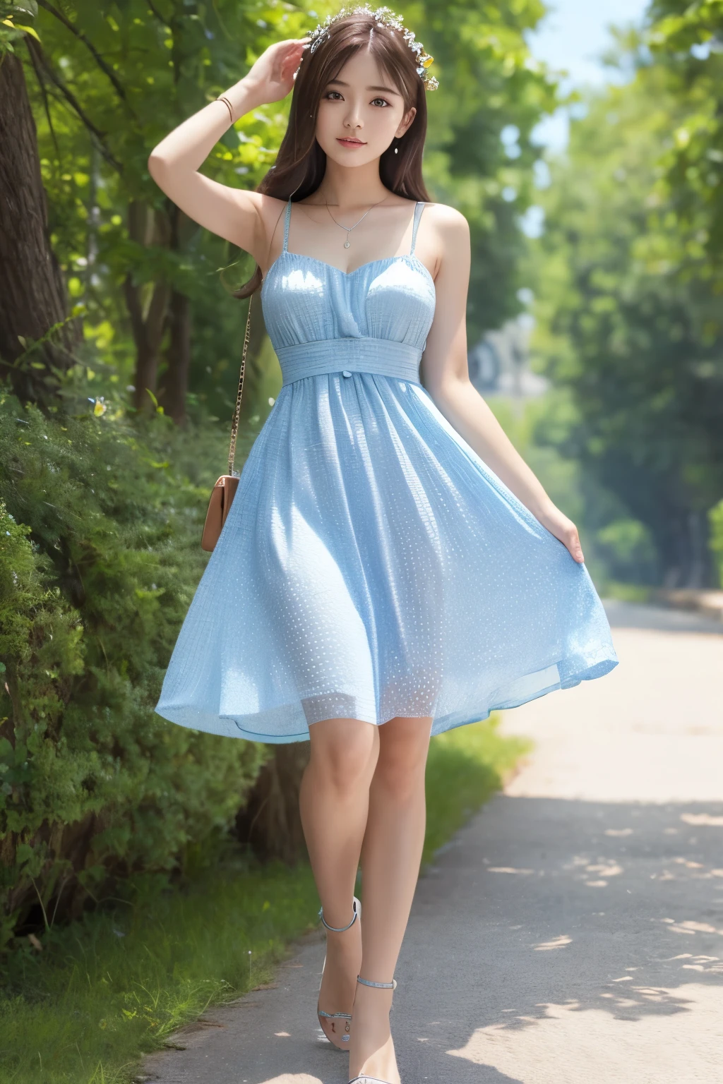 Ultra-Realistic Capture, Very detailed,. Skin texture should be natural,Summer Dresses,Light blue long dress,Stylish dresses, sexy,Stand in Respect,Wearing dress shoes,