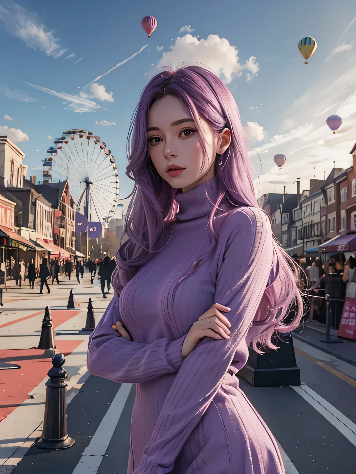 Long light purple hair,Turtleneck dress,The background is a lively playground,People coming and going,balloon,Ferris wheel