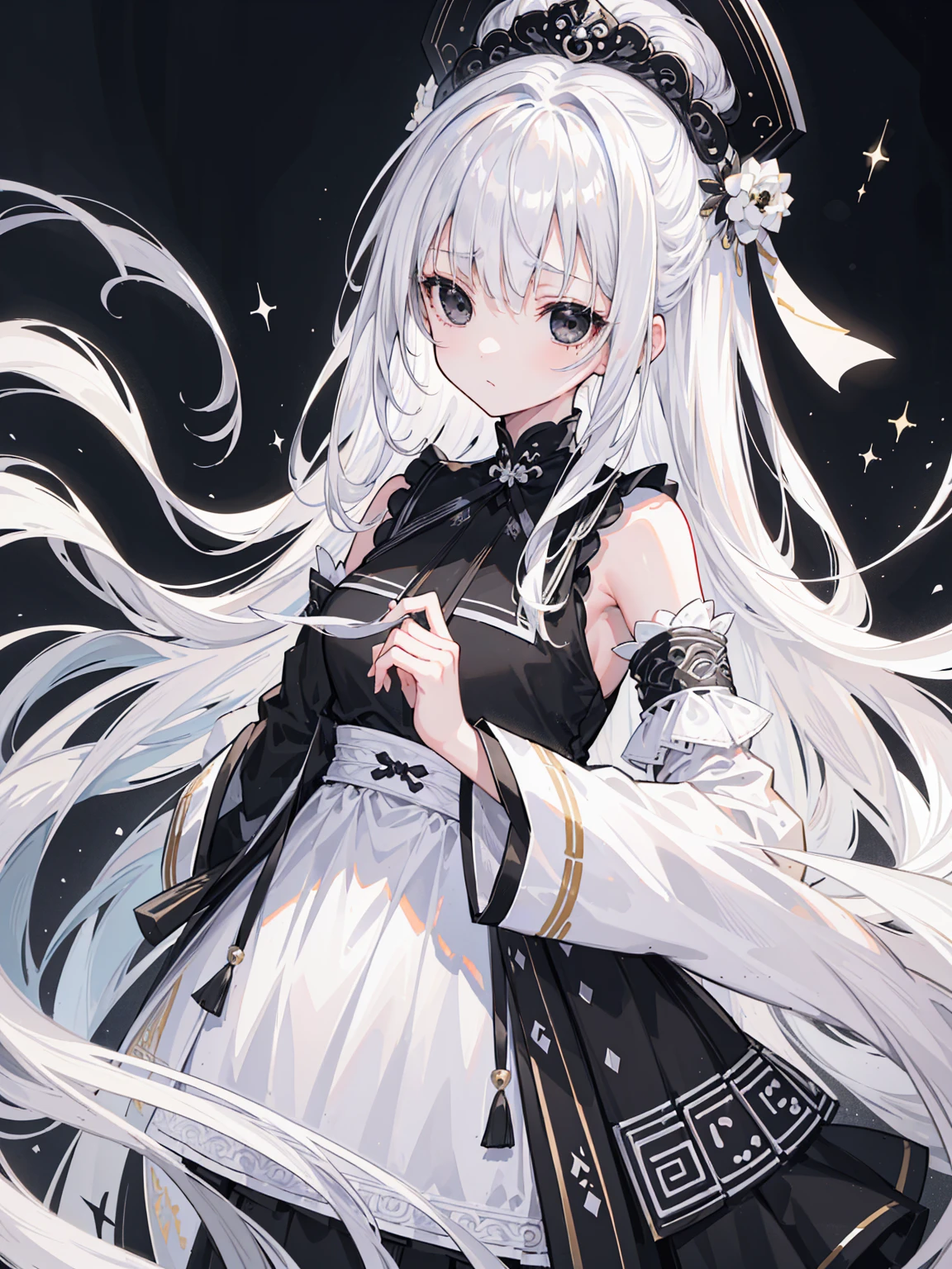 (Top image quality)、(Very detailed)、(Facing forward)、Top quality、masterpiece、(((1 girl )))、Silver Hair、White hair、((Long hair))、Weaving、(black eyes:1.6)、(White and black cheongsam)、Lots of decorations、Lots of ribbons、White Ribbon、Haggard、Fluffy loose hair