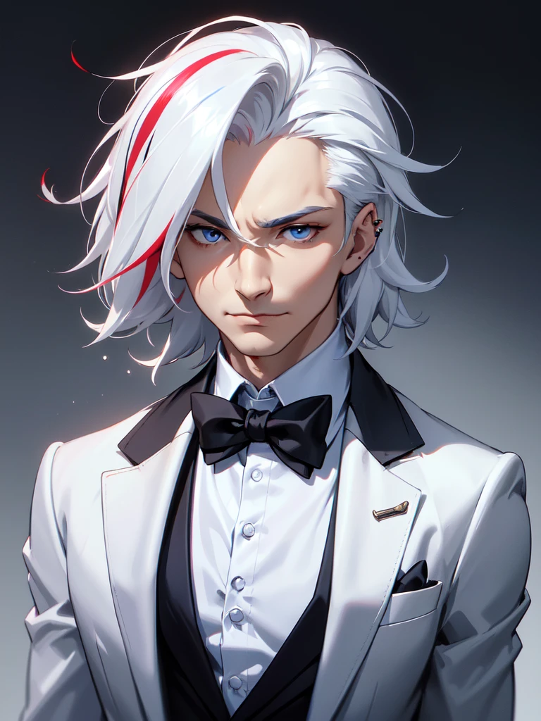 (((Portrait Photo))), He has the Appearance of a Charismatic and Confident Middle-aged Man, with a Fit and Well-maintained Build that Radiates Experience and Strength. His White Hair, Streaked with Red, is Styled Casually, Giving Him a Distinguished Look. His Piercing Blue Eyes Reflect a Keen Intelligence and a Depth of Experience, Adding an Air of Sophistication. His Expression is Calm and Assured, with a Subtle Smile That Conveys Both Warmth and Confidence, Reflecting His Unshakeable Composure and Natural Leadership. (((Dark Background))), (((Portrait Photo))), (((Well-fitted Blazer Over a Crisp White Shirt))), (((Streaked Hair)))