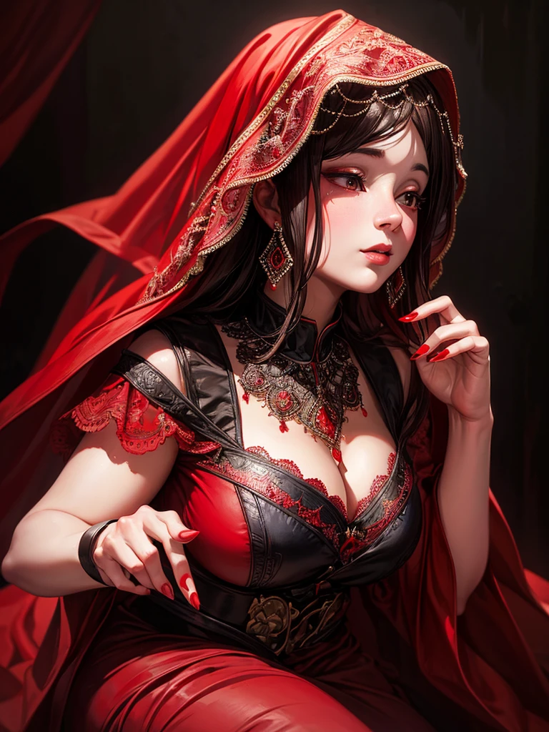 a chubby elegant woman in a red veil covering her eyes, fingers on her lips, long red nails, black background, photo-realistic, high quality, intricate details, oil painting, dramatic lighting, muted colors, mysterious atmosphere