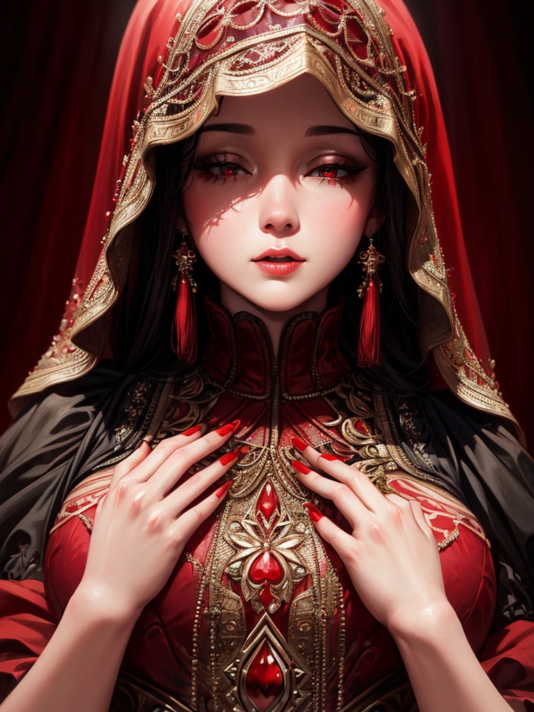 a chubby elegant woman in a red veil covering her eyes, fingers on her lips, long red nails, black background, photo-realistic, high quality, intricate details, oil painting, dramatic lighting, muted colors, mysterious atmosphere