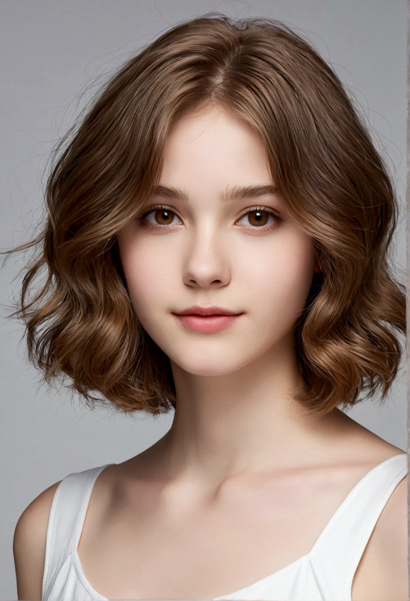 Create a girl with a slim build, 17 years old, measuring 1.62, Light brown hair, White skin, light brown eyes, short shoulder length hair, wavy hair