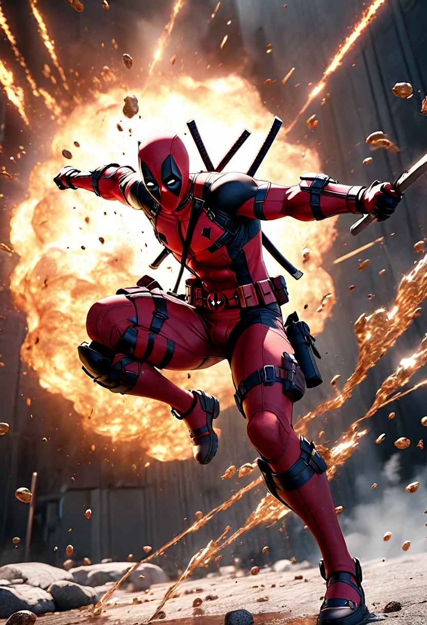 Deadpool, brave battle scenes, realistic, background cinematic CG, 2.5D, delicate and dynamic, powerful effects, slow motion effects