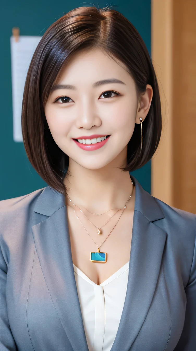 RAW Photos, High resolution, Very detailed, Intricate details, 、ear piercing、smile、Beautiful teeth alignment、Short Haircut、Black Hair、Clear beauty,(High quality fabric, Office Lady Suits 、Necklace around the neck、, The background is the office
