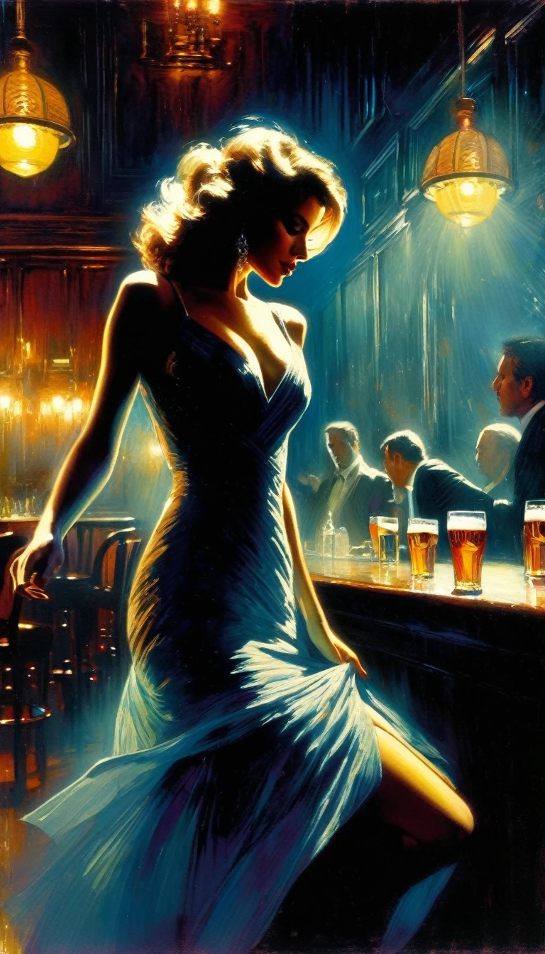 very sexy girl, in an elegant and sexy dress, dancing, alone, having fun, in a pub, between shadows, oil painting, chiaroscuro, sensual, dramatic lighting, moody atmosphere, photorealistic, intricate details, masterpiece, ultra-detailed, high quality, 8k, best quality, realistic, cinematic, dark and brooding, expressionistic, powerful composition, emotional impact, Bill Sienkiewicz inspired art
