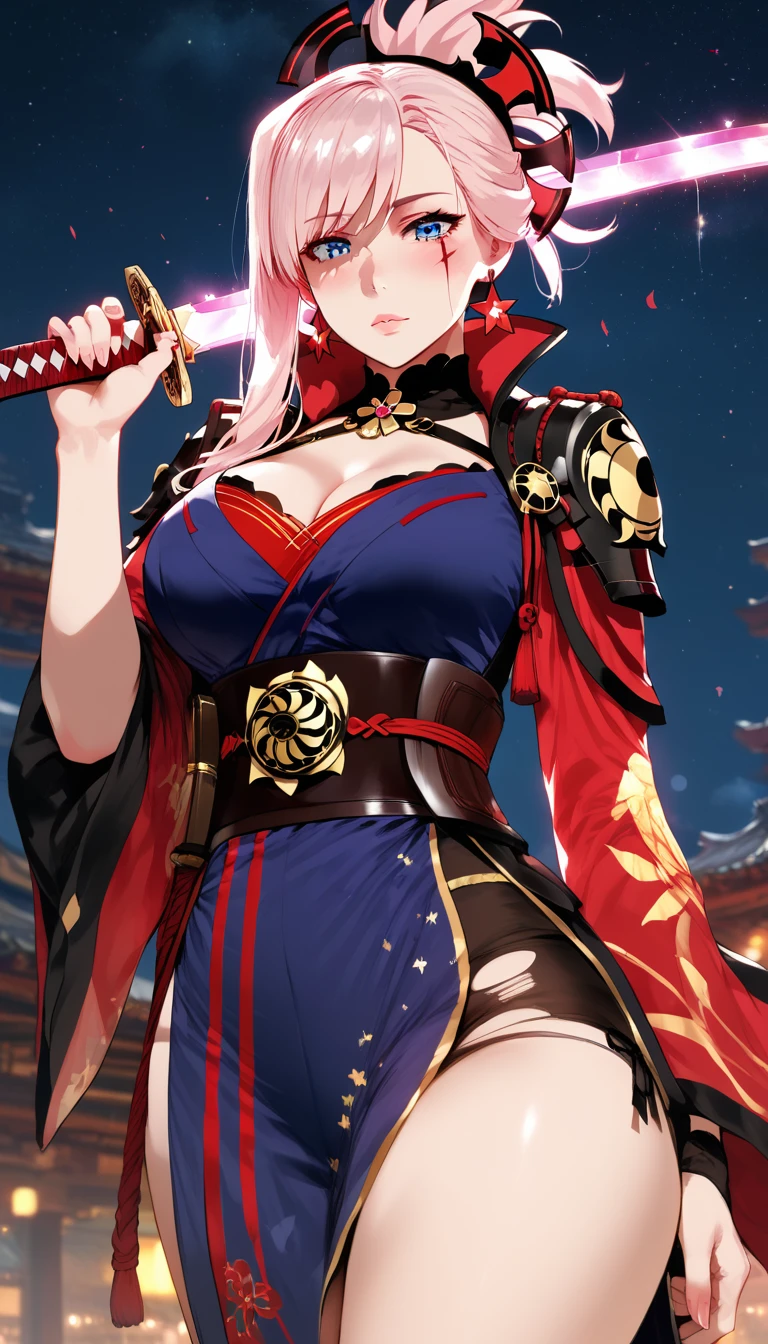 (hero neisan art style:0.7), (hews art style:0.7), score_9, score_8_up, score_7_up, score_6_up, score_5_up, score_4_up, uncensored, miyamoto musashi, pink hair, earrings, ponytail, blue eyes, BREAK (masterpiece:1.2), best quality, high resolution, (detailed eyes:1.3), perfect lighting, (perfect hands, perfect anatomy), large breasts, night, sword, 1girl, katana, night_sky, solo, japanese_clothes, sky, cleavage, wide_sleeves, sheath, earrings, star_(sky), over_shoulder, looking_at_viewer, detached_sleeves, moonlight, outdoors, shaded face, looking down, expressionless, lips, torn clothes, burn scar, glowing sword, bokeh, shimmering light, sparkle,