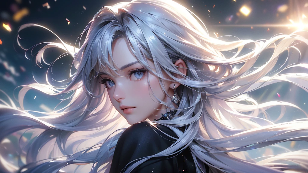 ((Masterpiece: 1.5,  portrait, photorealistic CG, highly detailed, particle effects, dynamic effects, shallow depth of field, cinematic light, lens flare, ray tracing, realistic: 1.4, super high res: 1.2))((1 girl, woman in cashmere coat:1.4, elegant female pose, looking up, detailed face, small breasts, beautiful cleavage, best looks, shiny silver hair, bright and shiny hair, silky straight hair, hair dancing in the wind))(morning, setting is outdoors in the snow, surrounded by lights))
