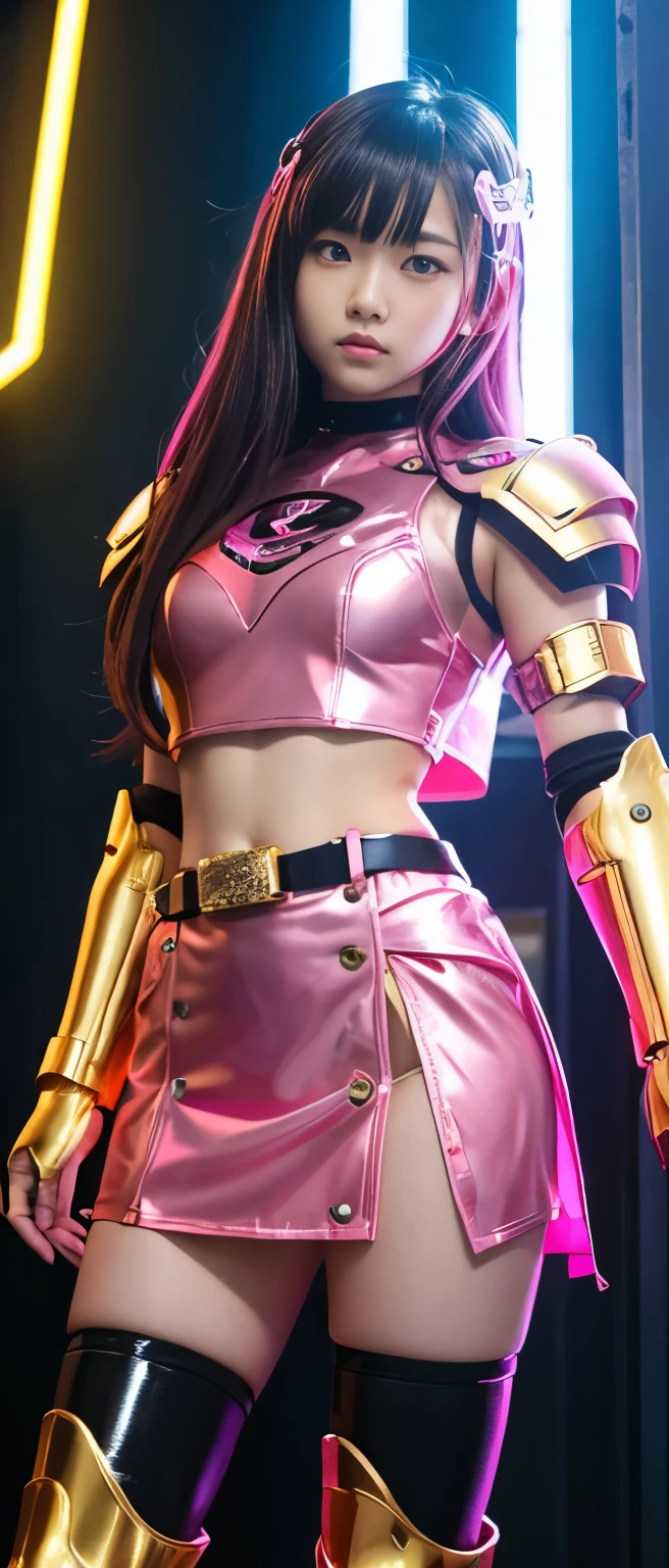 Cute Teen Idol Girl、whole body、Good style、、、、、、、、、、Thick legs、Gold and shiny pink cyberpunk armor suit（Skirt with slits、Cool belt）、Cool girl face、Glowing、Has a Cyber Axe、