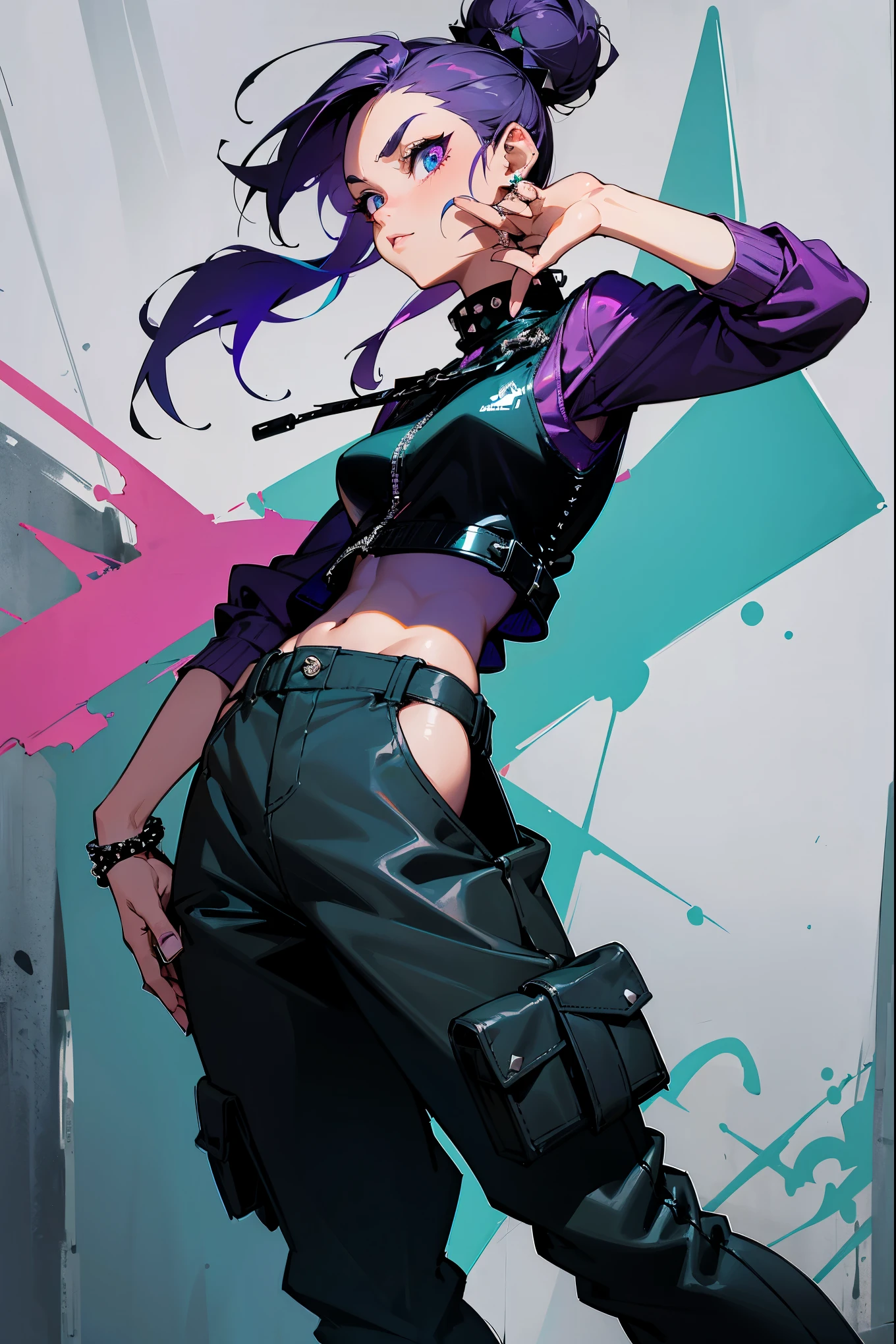 1female, dark violet hair, styled in a voluminous high bun, bright teal eyes, bold expression, fitted black leather vest with silver studs, baggy white cargo pants, chunky combat boots, a simple silver anklet, urban graffiti background with colorful street art and dynamic energy, detailed face, hands to side, standing on path