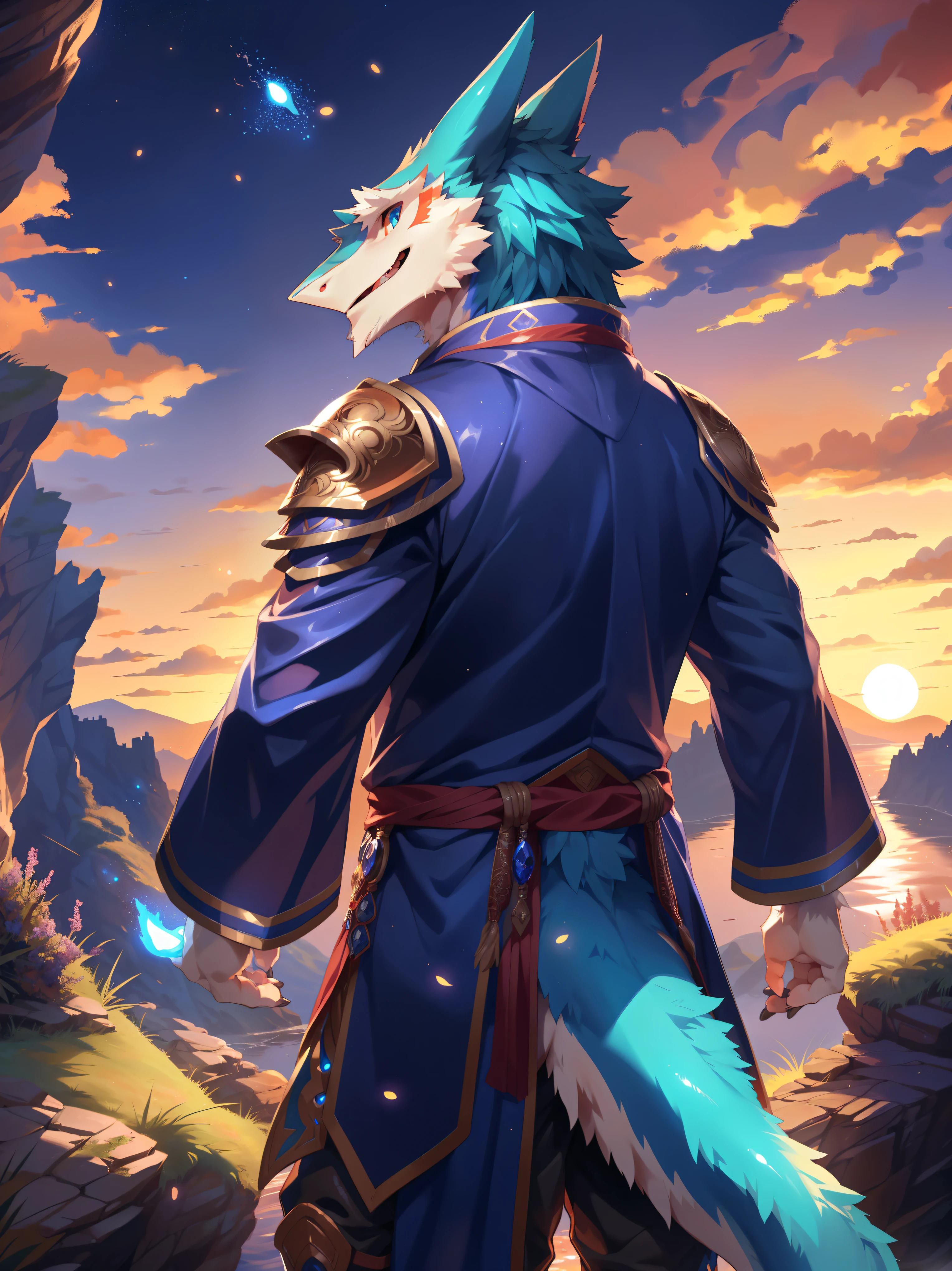 solo, male, mature male, (male anthro sergal:1.3), (blue body:1.1), (standing:1.3), (kemono:1.2), (sunset:1.23), fluffy fur,armor, (robe), (looking back:1.2), raised head, (rear view), landscapes, cliff, dawn, horizon, detailed eyes, portrait, tail,  (detailed eyes), (outside:1.35), grass, hill, (cloud), (particles ,firefly, blue glowing:1.3), detailed background, 8k hd, (dark shadows, wide dynamic range, hdr, low light:1.2), by Pino Daeni, barazoku, [by dagasi, by zixiong], cygames, by null-ghost, (scenery),blue eyes