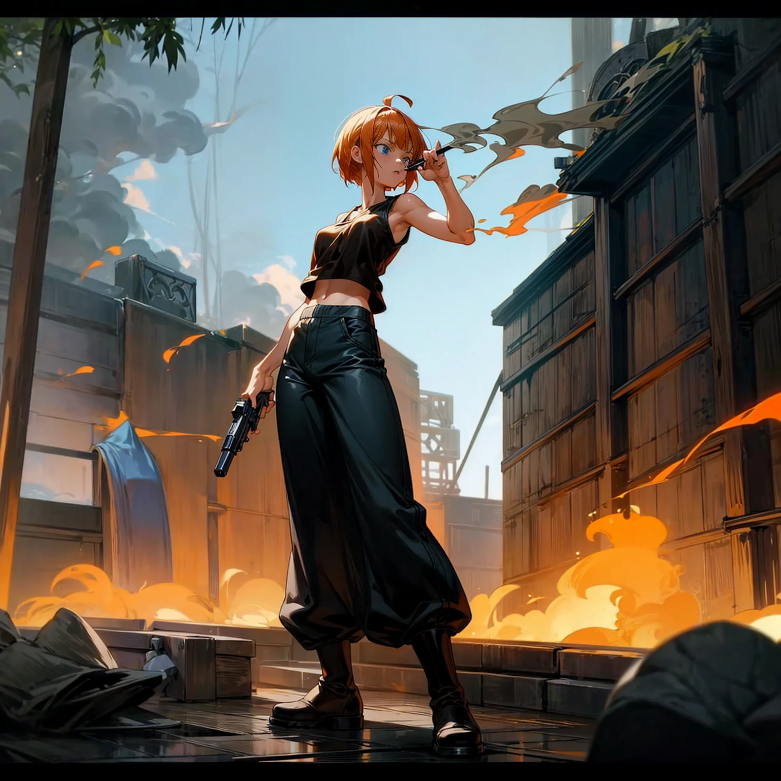 Background in the outdoor bar, Grassroots, one piece style art, Full body version, women, orange hair, short bob hairstyle, black singlet t-shirt, long pants, brown boots, blue eyes, standing battle gesture, hand gun inn two hand, smoke effect