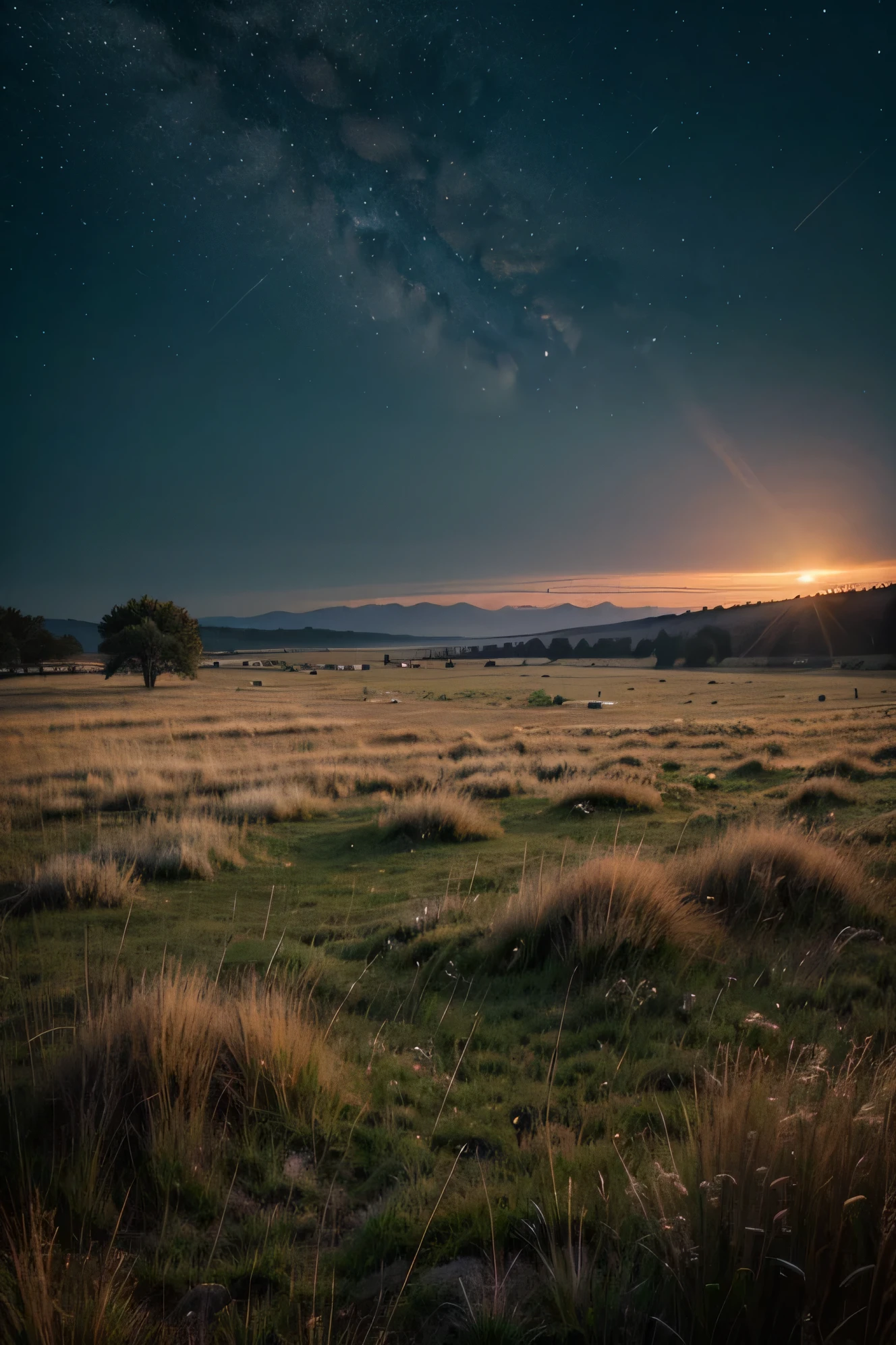 Vast outdoor grassland space; light drizzle; Soft colors create a warm and peaceful feeling