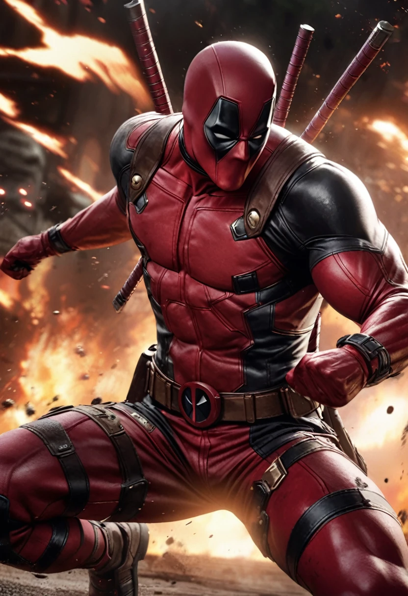 Deadpool, brave battle scenes, realistic, background cinematic CG, 2.5D, delicate and dynamic, powerful effects, slow motion effects