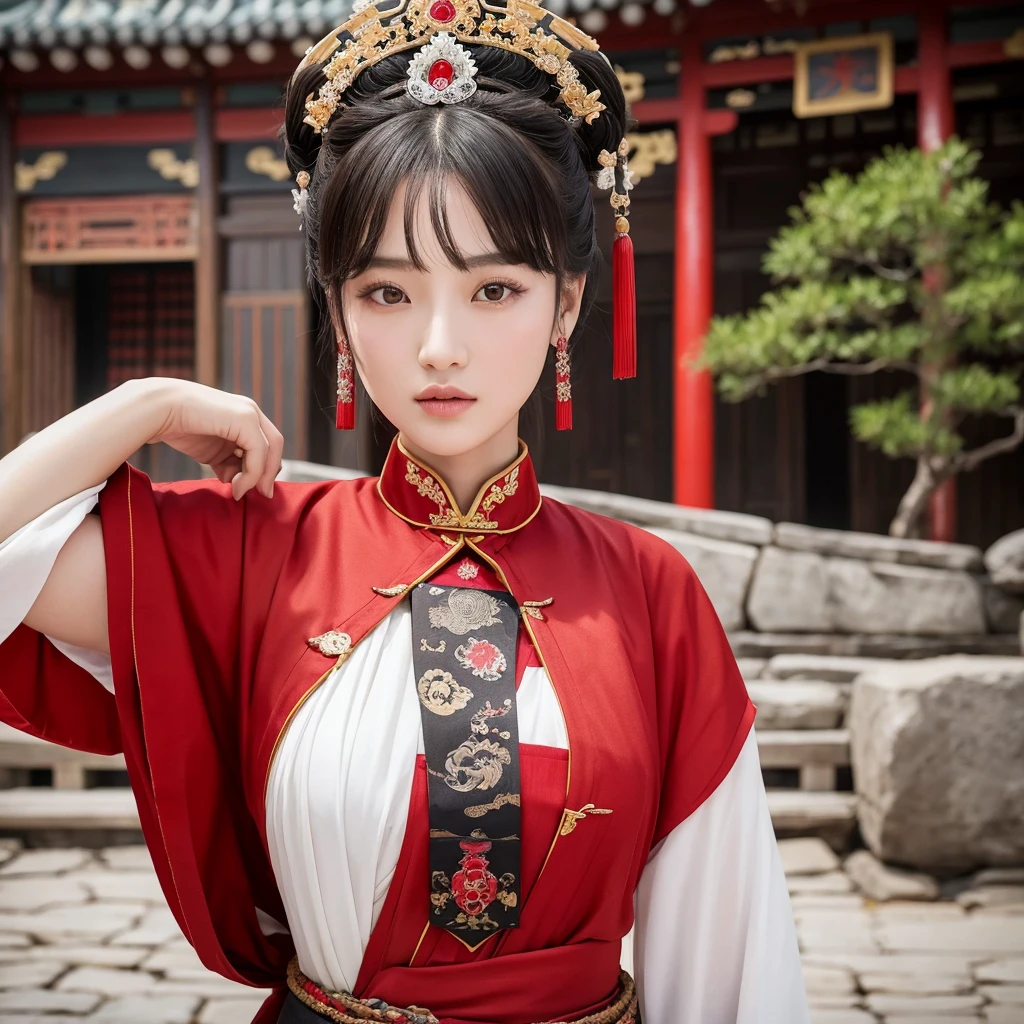 Chinese actress Ruyi Den's Jyou Xun (Zhou Xun) similar face Qing Dynasty empress seen from the front wearing full-body empress red costume with open front, open legs, hairy cunt.
Nudity. Chinese drama.
Hair parted left and right from the center of the forehead with a large crown of a Chinese empress, tied back, hair tied up with ornamental hair, outside stone tatami of a Qing Dynasty Chinese palace.