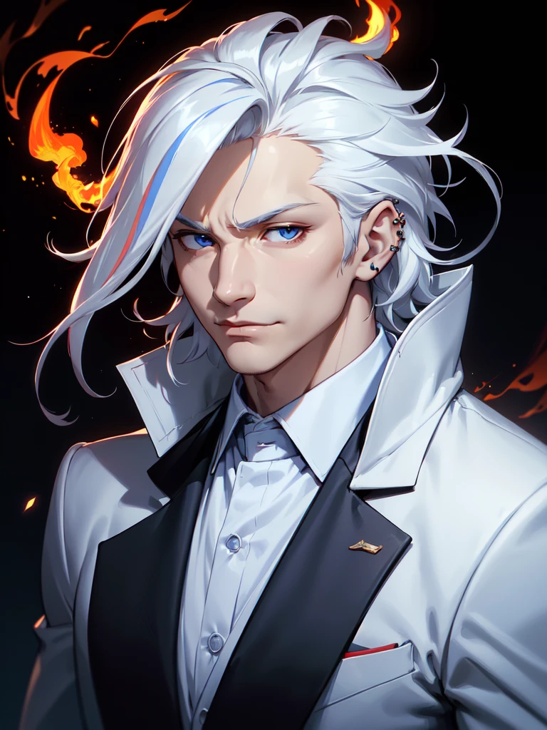 (((Portrait Photo))), He has the Appearance of a Strong and Confident Middle-aged Man, with a Fit and Well-maintained Build that Radiates Experience and Strength. His White Hair, Streaked with Red, is Styled Casually, Giving Him a Distinguished Look. His Piercing Blue Eyes Reflect a Keen Intelligence and a Depth of Experience, Adding an Air of Sophistication. His Expression is Calm and Assured, with a Subtle Smile That Conveys Both Warmth and Confidence, Reflecting His Unshakeable Composure and Natural Leadership. (((Dark Background))), (((Portrait Photo))), (((Well-fitted Blazer Over a Crisp White Shirt))), (((Streaked Hair))), (((Fiery Presence)))