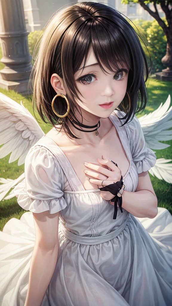 Realistic photos, Best Quality, Background is white、young woman, 30 years old、Singing Angel、Brown eyed brunette, big hoop earrings, Very short black hair, Perfect body, Normal chest, She is in a white dress、Upper Body、Smiling and mischievous, Open your mouth, 